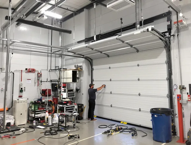 Rocky River Garage Door Repair certified technician performing commercial door repair at a Rocky River business facility