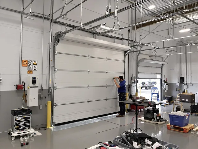 Commercial garage door repair being performed by Rocky River Garage Door Repair expert in Rocky River