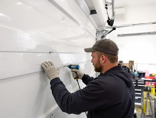Rocky River Garage Door Repair technician demonstrating precision dent removal techniques on a Rocky River garage door