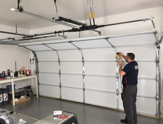 Rocky River Garage Door Repair certified technician performing overhead door system repair in Rocky River