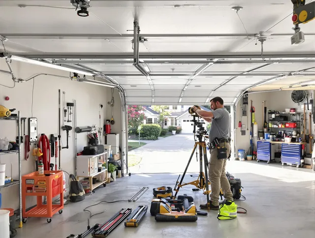 Rocky River Garage Door Repair specialist performing laser-guided track alignment in Rocky River